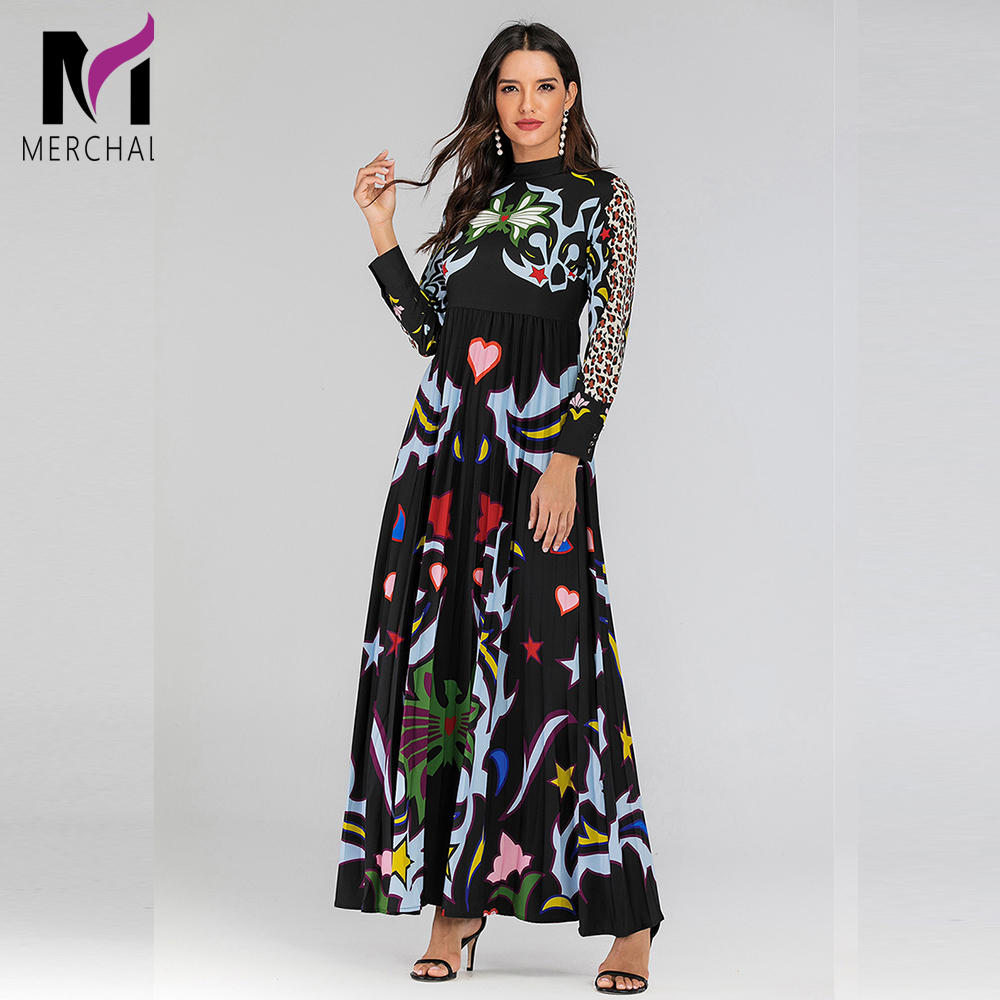 

Women Runway Dresses Spring Autumn Leopard Vintage Print Maxi Dress Long Sleeve Slim Long Pleated Dress Vestidos De Fiesta 201204, Black