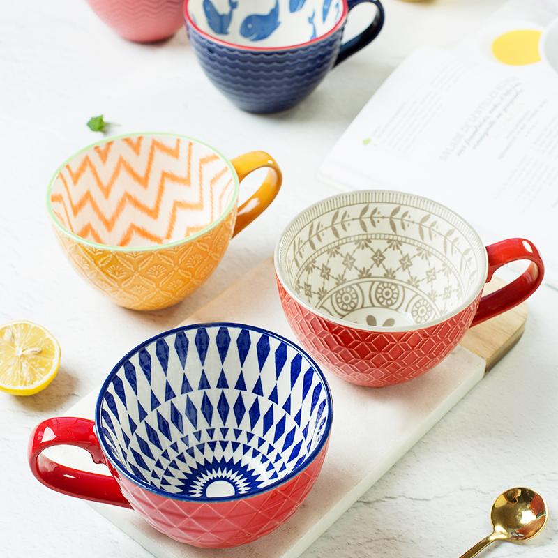

400MLCeramic Hand Painted Coffee Cup Creative Vintage Cup Cafe Bar Supplies Embossed Personality Breakfast Colorful Handpain, Black