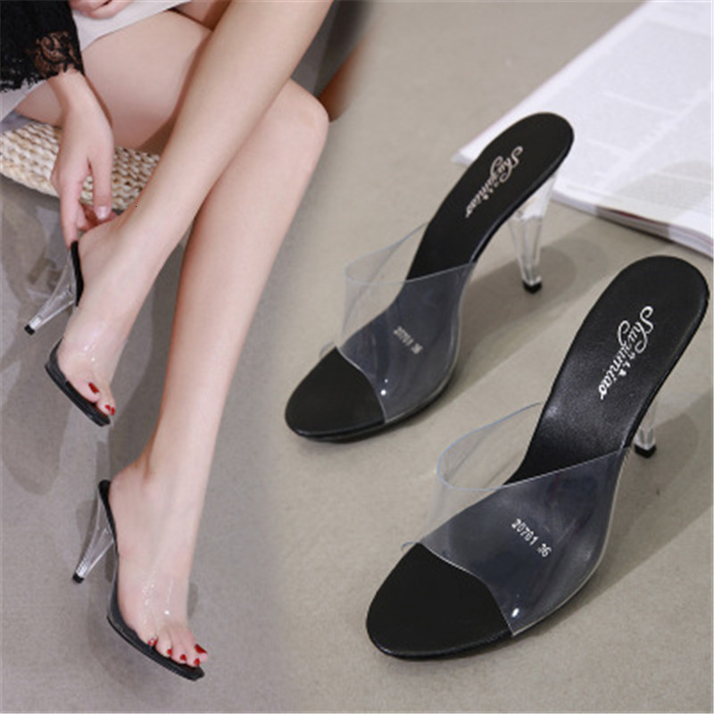 

Pvc 2021 New Slippers Sexy Leap Mode High 7/10 Centers Women Sandals Leaping Fingers Transparent Clear Female Foot Shoes RXJK, Rosy red