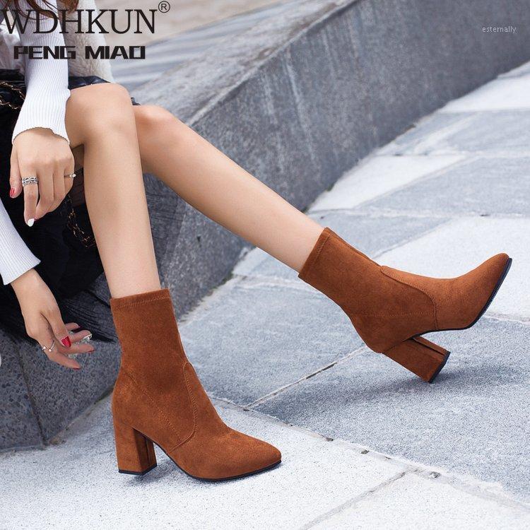 

Black Brown Flock Thick Heel Ankle Boots Women Winter Shoes Nice Elegant High Heel Pointed Toe Keep Warm Short Booties Ladies1