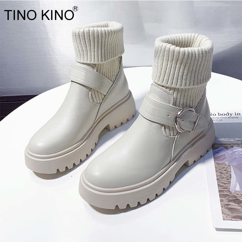 

2021 New Women Knitted Ankle Short Warm Ladies Fashion Buckle Boots Square Heels Shoes Casual Famele Footwear Bfpa, Black