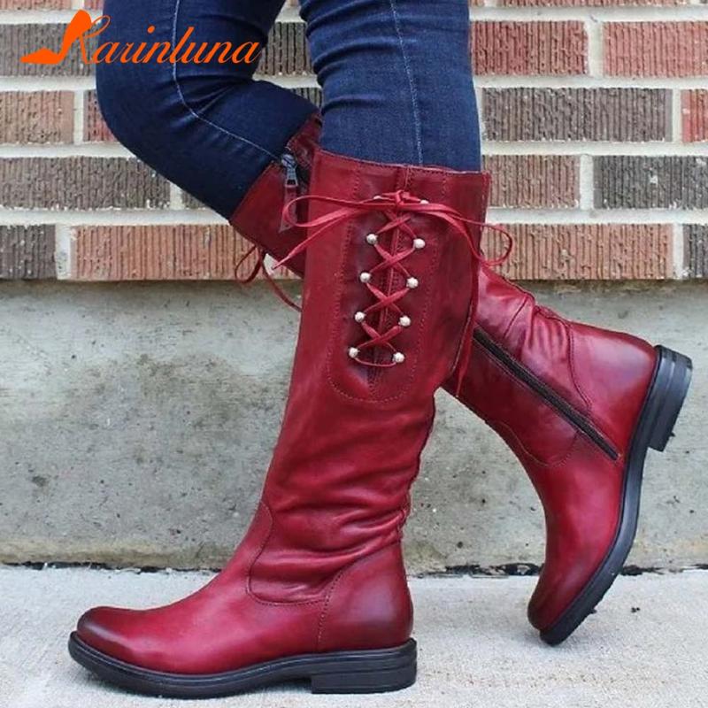 

KARIN Big Size 34-43 Ladies Autumn Daily Boots Round Toe Thick Low Heels Zip Cross Tied Women Boots Mid Calf Women Shoes, Red