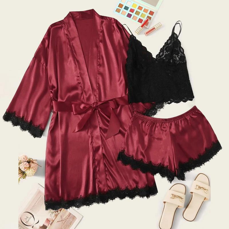 

3pcs Pijamas Sets Women Floral Print Pajamas Set Wire Free Lace Bra Camisole Panty And Robe Set Female Sexy Sleepwear, Pink