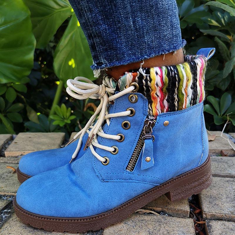 

Puientiua 2020 Red Retro and Fashion Women Ankle Boots Flock Sewing Female Boots Solid Round Toe Flat Army for Girl