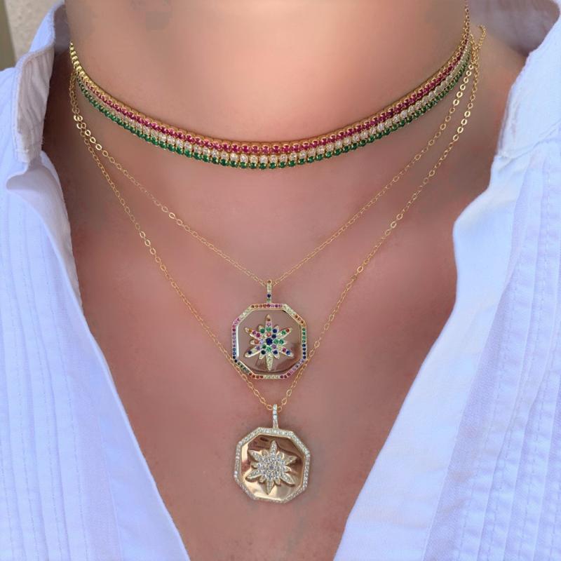 

2021 Fashion Jewelry high Quality Geometric Hexgon Pendant Gold Color Engraved CZ Starburst Star Signet Necklace For Women