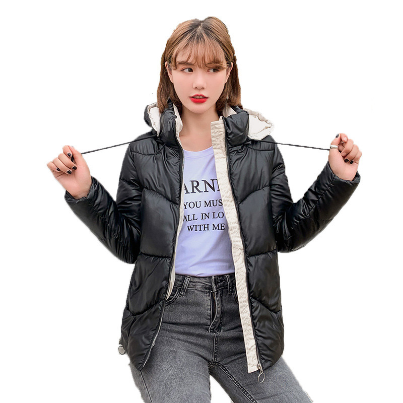 

2021 New new female shiny down winter parkas black jacket with warm hoodie parka cotton quilted short coats outwear