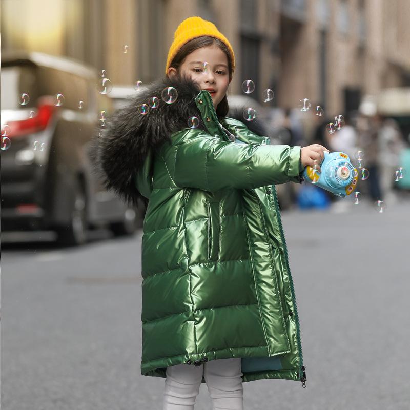 

White Duck Down Kid Girl Racoon Fur Collar Thick Warm Children Shiny Winter Jackets Kids Down Jackets For Boy Coat Teenage Parka, Black