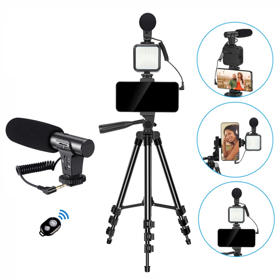 

Microphones Kits de micrófono condensador grabación de vídeo portátil, escopeta para teléfono, cámara DSLR, con trípode luz tiktok