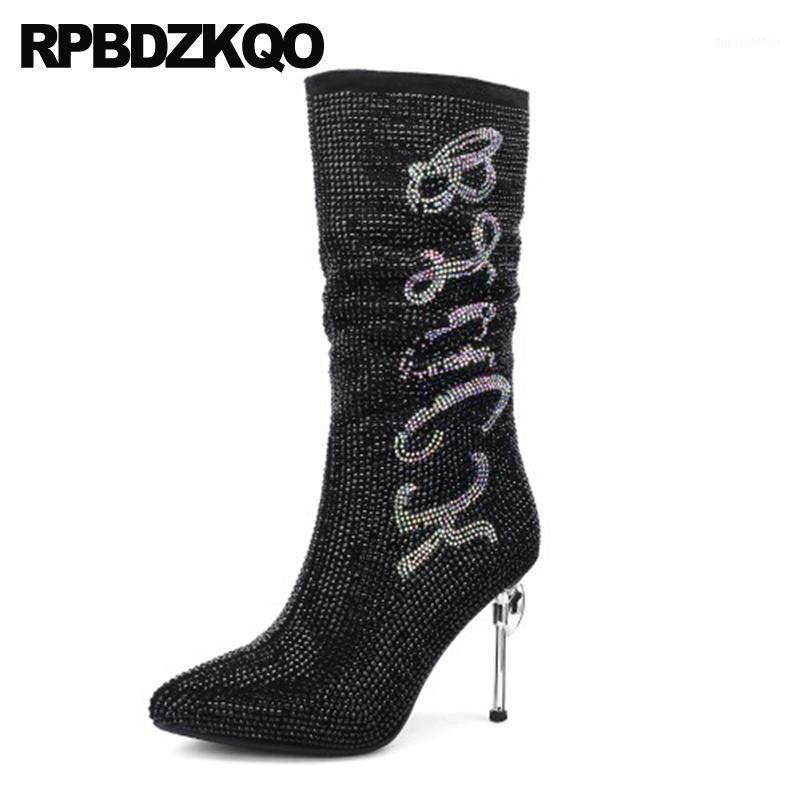 

metal heel boots diamond big size faux fur shoes mid calf black pointed toe sheepskin high women wedding sparkly stiletto bling1