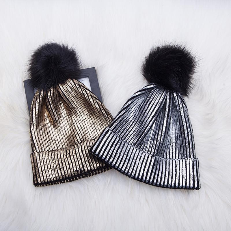 

Beanie/Skull Caps Women Girls Winter Warm Metallic Shiny Knitted Crochet Beanie Hat With Pom Silver Gold