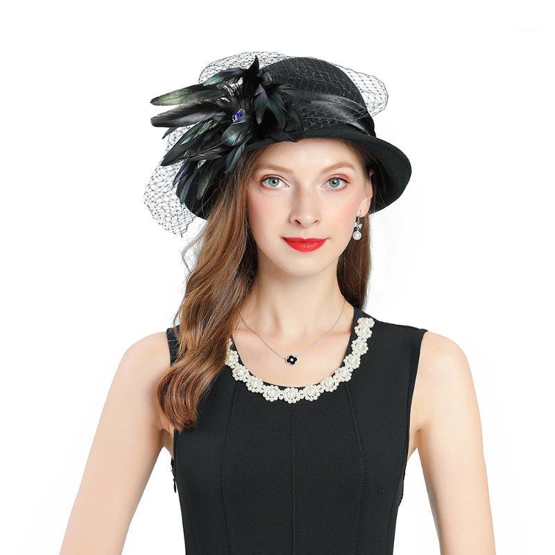 

Black Hats for Women Fedoras Fascinator Elegant Feather Veil Cap Wool Material Fashion Large Brim Bowler Lady Hat Base1