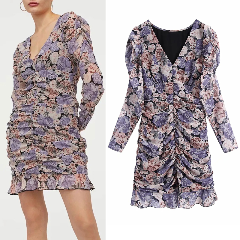 

2021 New Draped Floral Printed Purple Mini Women Long Sleeve Ruched Chiffon Ruffle Dresses Ladies Vintage Dress W0d7