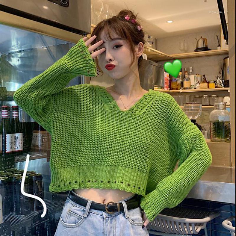 

2020Autumn New Women Simple Avocado Green Loose Openwork Cropped Short Long-sleeved Sweater Stretch Casual Sweater Free Shipping1, White