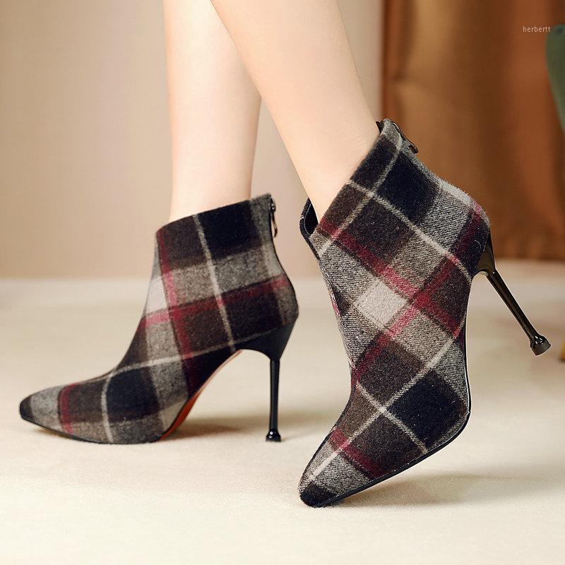 

2021 Autumn Winter Women Ankle Boots Flock Leather High Heel Shoes Fashion Gingham Pointed Toe Zipper Woman Boots Red Blue1, Blue