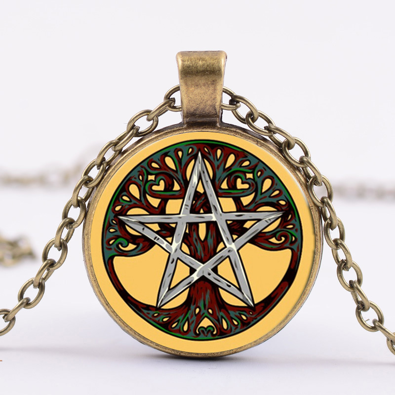 

Vintage Pentagram Life Tree Necklace Wicca Magic Tree of Life Glass Round Pendant Bronze Colors Long Chain Necklaces