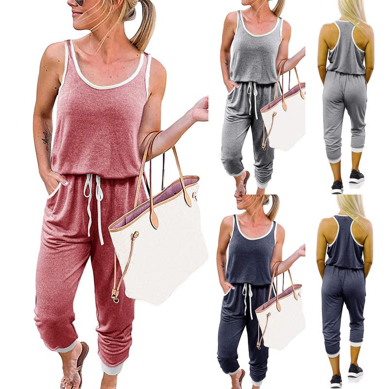 

Women Jumpsuit Solid Color Round-Neck Sleeveless Bandage Lady Casual Streetwear 2021 Summer Clothes Fitness Gym Running Jogging, As shown