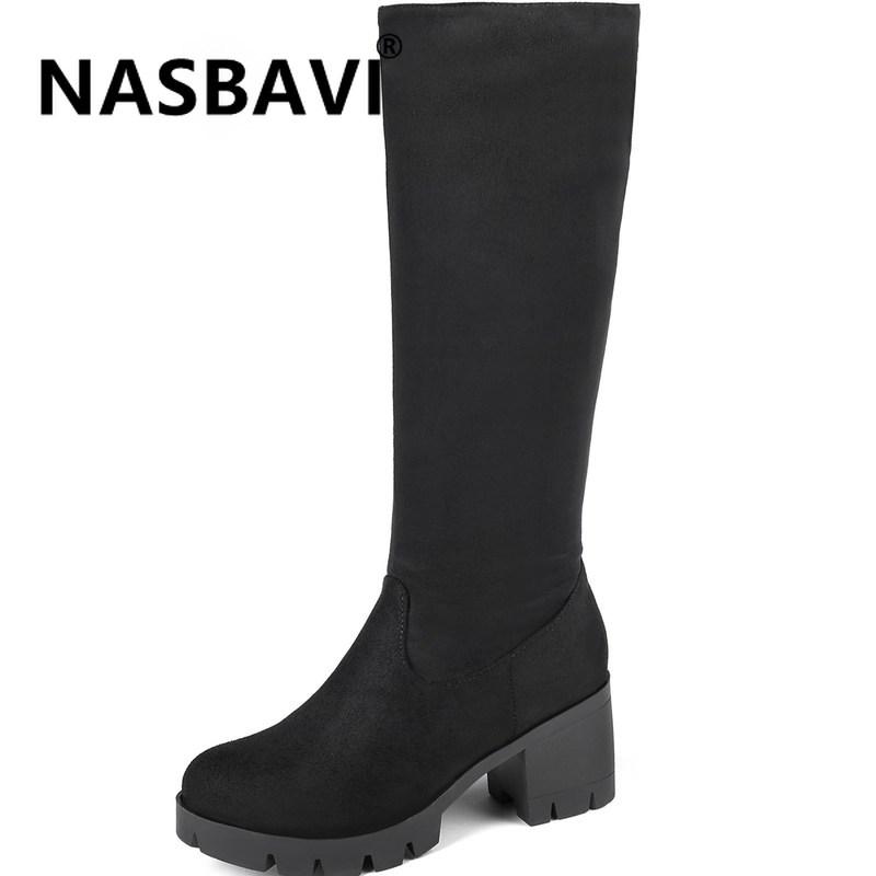 

Fashion Wild Women's Suede Round Head Thick Bottom Square Heel Zipper Boots Lady Shoes Size 34-43, Black