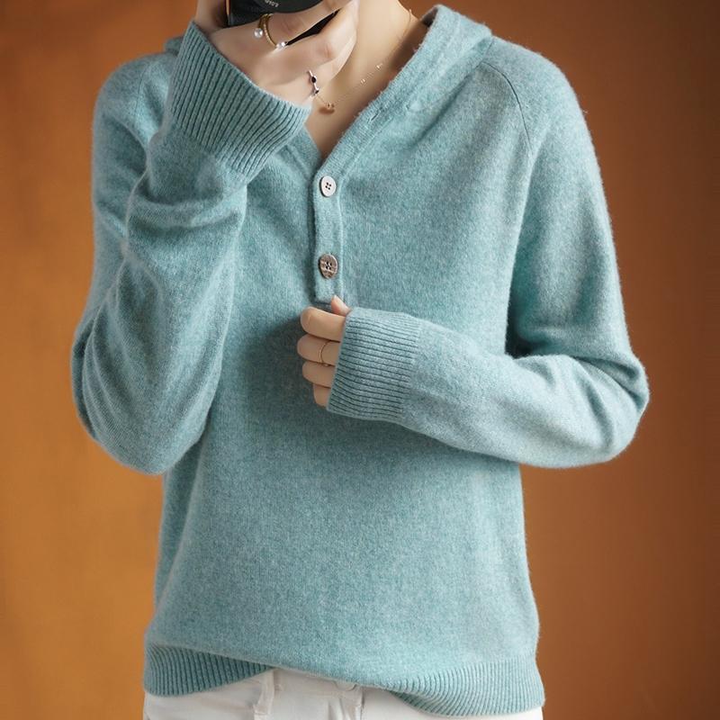 

Spring and Autumn New Cashmere Wool Women's V-neck Pullover Sweatshirt Wild Casual Solid Color Buckle Knitted Bottoming Shirt, Juse