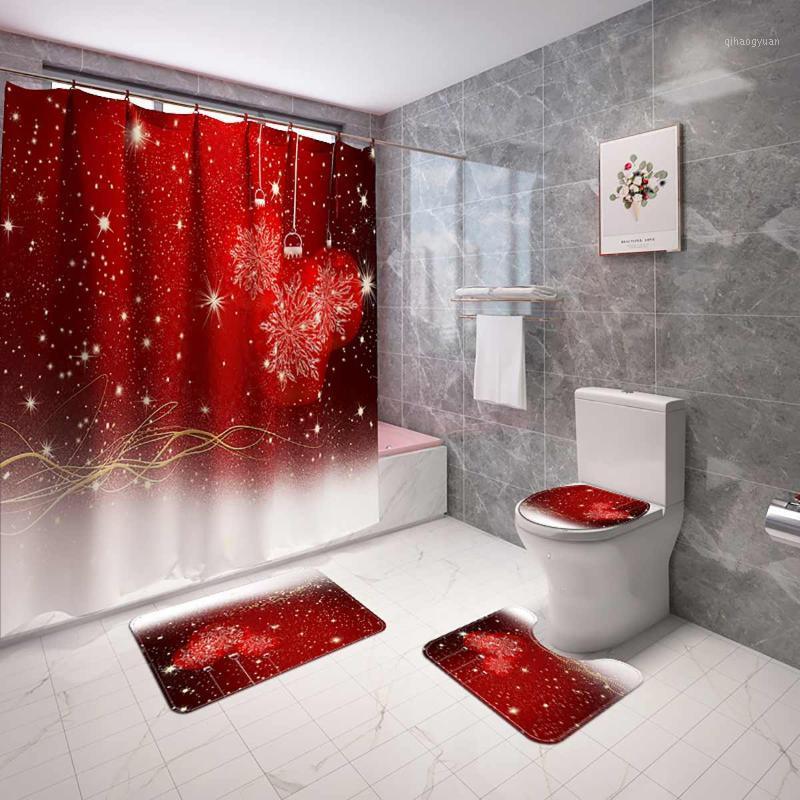 

3+1Pcs Christmas Design Shower Curtain Toilet Seat Cover Flannel Mat Non-Slip Waterproof Rugs Toilet Lid Cover Bathroom Decor1
