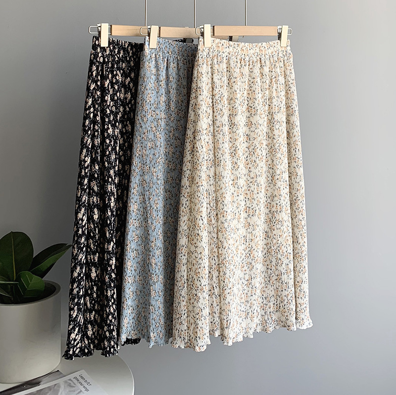 

2021 New Spring High Flower Print Women Chiffon Stretch Waist Vintage A-line Long Skirt Casual Faldas Jupe Femme Saia 4xeh, Black
