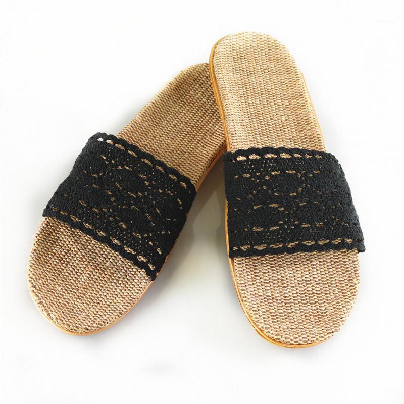 

Suihyung Women Linen Slippers 2020 New Summer Lace Belt Indoor Shoes Soft Non-slip Flip Flops Ladies Casual Slides Flax Sandals1, Black