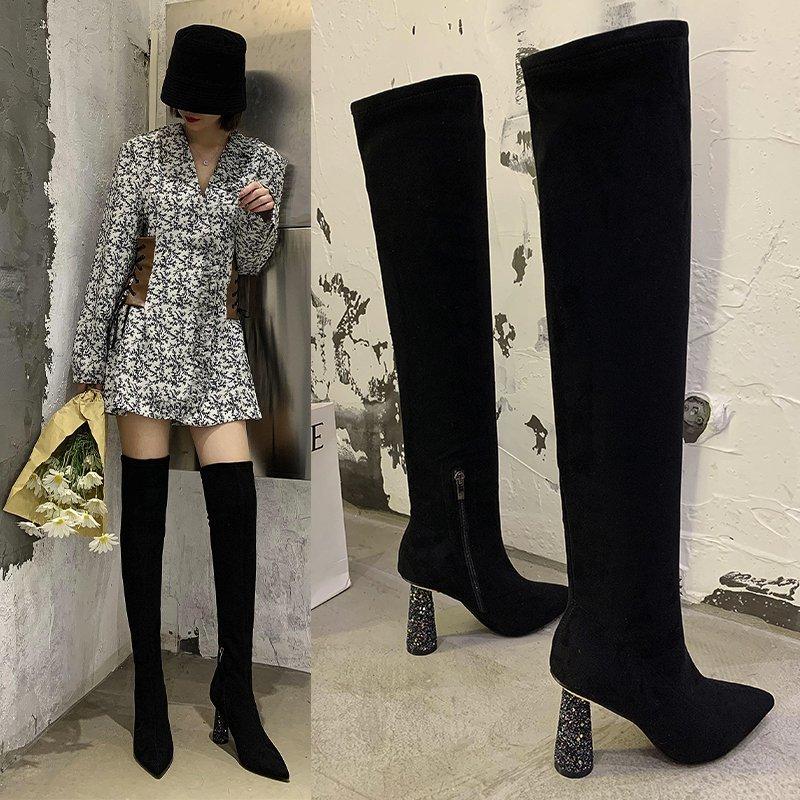 

Stretch Fabric Over The Knee Boots Women Sexy Square Toe Thigh High Boots Black Ladies Zipper Rhinestone High Heels Shoes 2021