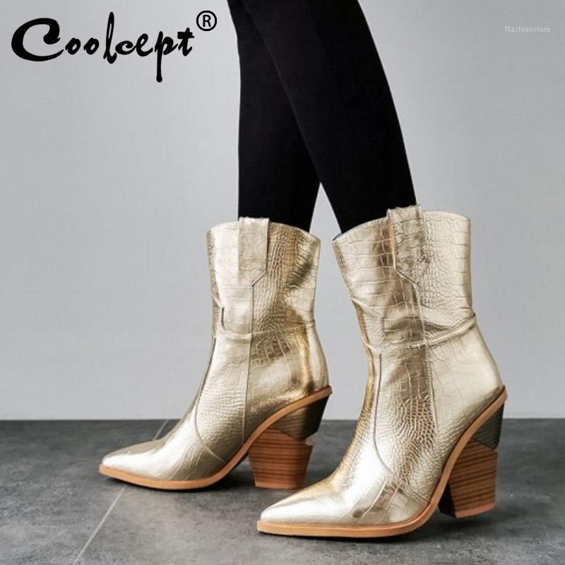 

Coolcept Size 33-46 Women Ankle Boots Fall Winter Fashion Warm Fur High Heels Boots European Stone Pattern Designer Shoes1, Gold without fur