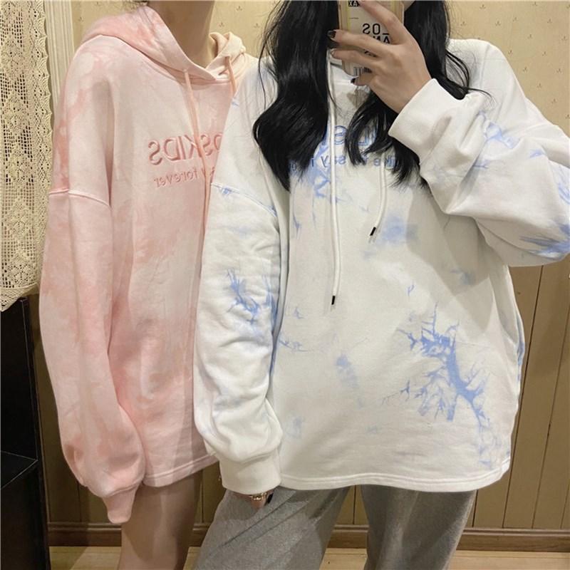 

Autumn 2020 new college style tie-dye printing embroidery hooded loose mid-length large size long-sleeved hoodie, Blue