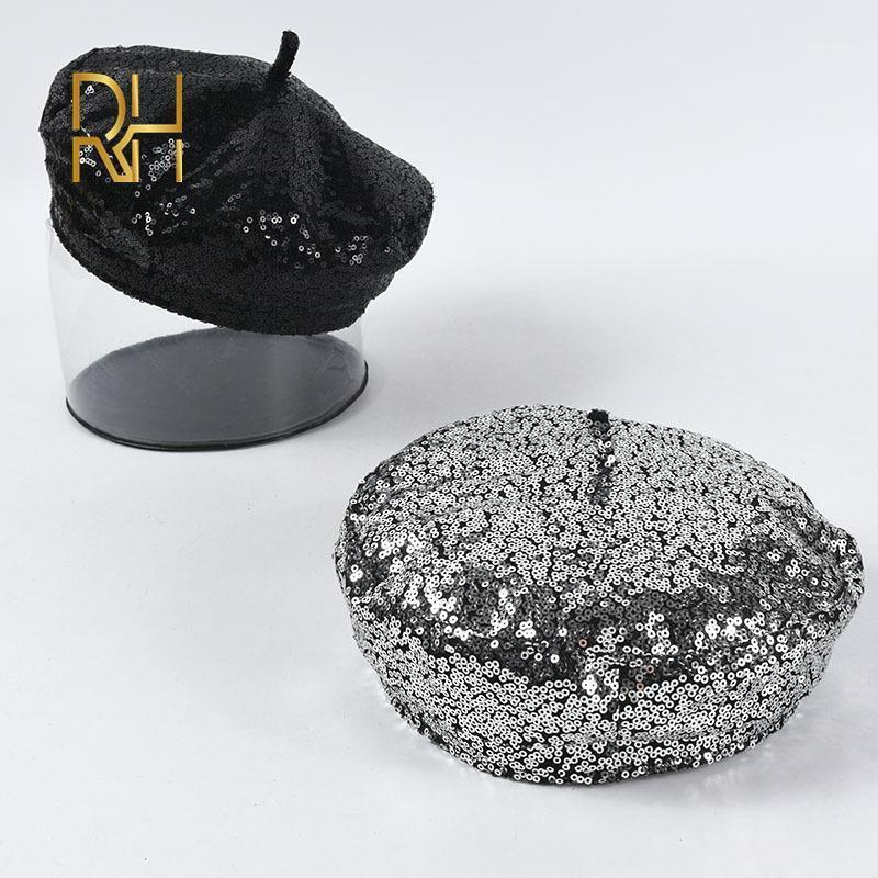 

New Women Ladies Fashion Hat Sequins Berets Hat Cap Sequins Diamond Decoration Solid Colors Dance Party Ladies RH1, Black
