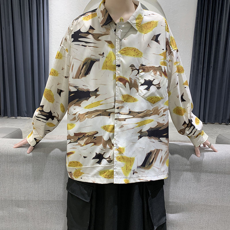 

New Camisas 2021 De Mangas Compridas Masculinas Outono e Inverno Novo Casal Bonito Floral Topos Jovens Personalidade Moda LINE, Yellow