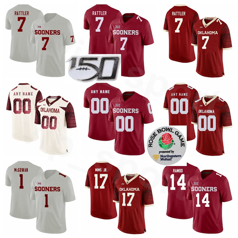 

NCAA College Oklaoma Sooners 1 Seth McGowan Jersey Football 7 Spencer Rattler 5 TJ Pledger 17 Marvin Mims 14 Charleston Rambo Red White, With 150th patch