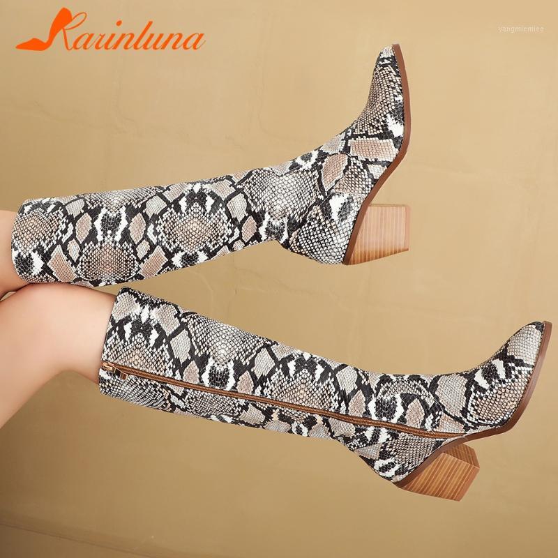 

KARINLUNA New Pointed Toe Boots Women Snake Veins Shoes Woman Knee High Square High Heels Boots Woman Size 34-441, Brown
