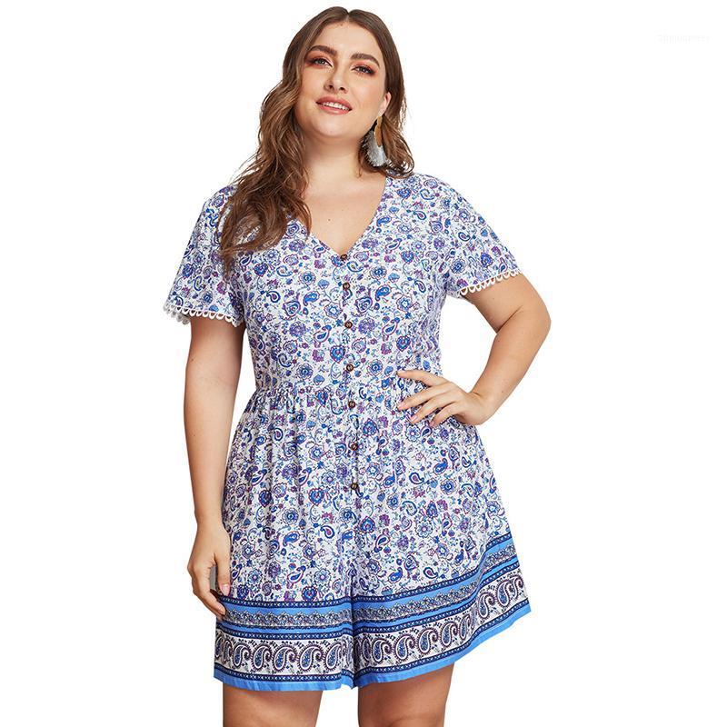 

Women's Jumpsuits & Rompers Plus Size 3XL 4XL Playsuits Women Deep V-Neck Button Loose Pants Cotton Flower Printed Big Beach Floral Femme, Blue