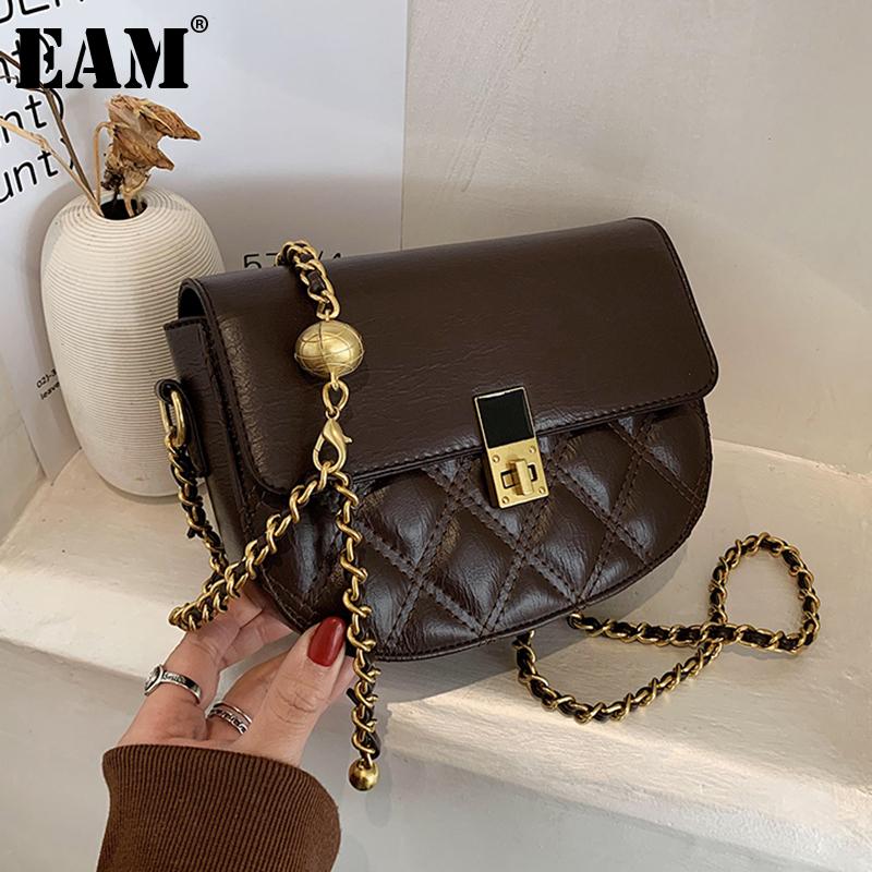 

[EAM] Women New Saddle Chains Argyle PU Leather Flap Personality All-match Crossbody Shoulder Bag Fashion Tide 2021 18A1383, Beige