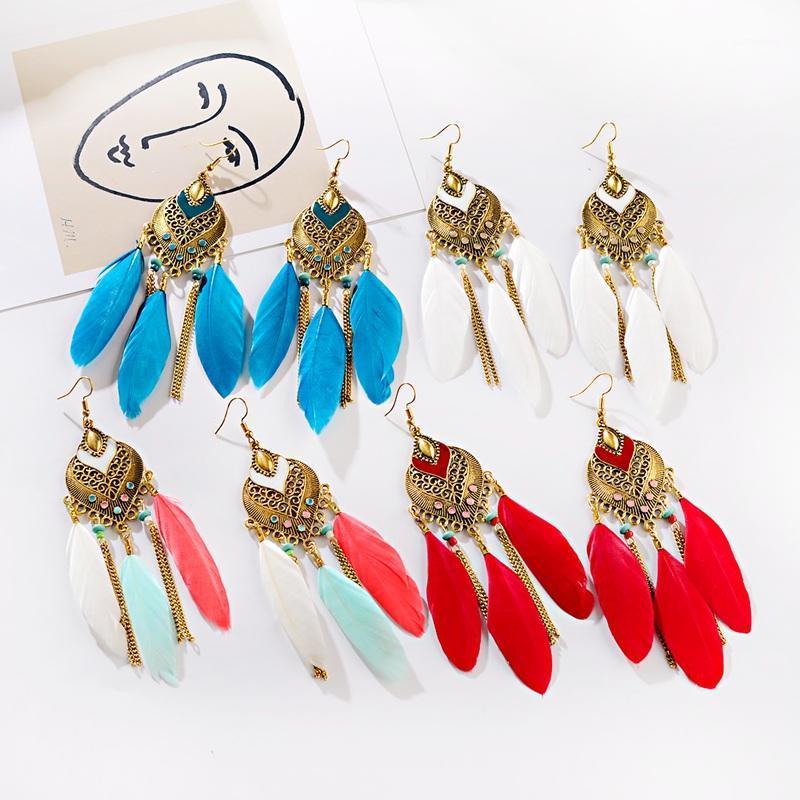 

4 Color Women's Water Drop Alloy Vintage Bohemia Feather Earrings Femme Summer Bohemian Long Tassel Beads Dangle Earrings1