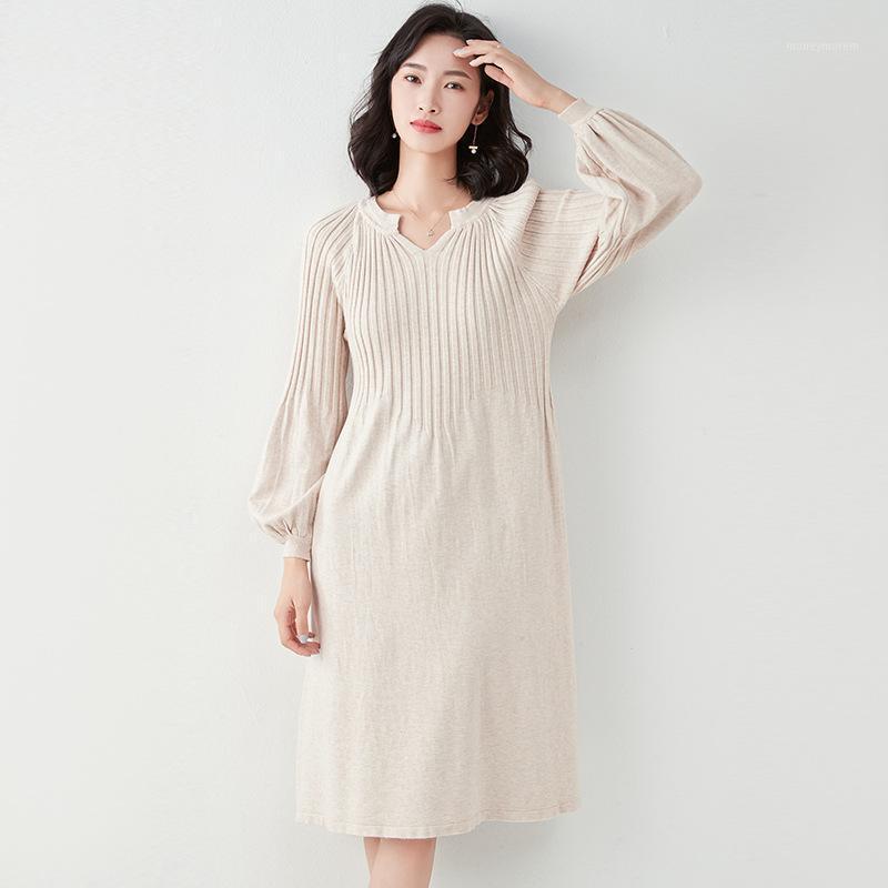 

2020 Spring Autumn Knitted Women Dress Loose Casual Fashion Female Elegant Sweater Midi Dress Soild Color V Neck Puff Sleeve1, Black