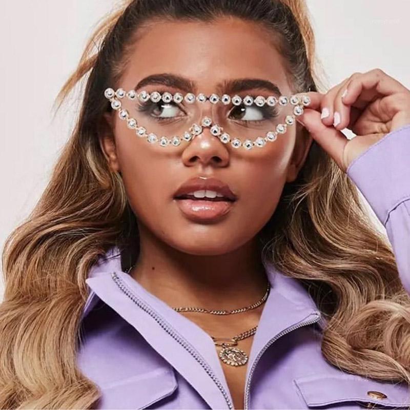 

Sunglasses 2021 Trendy Blingbling Women's Crystal Cat Eye Alloy Flat Top Pearl Eye's Sun Glasses Ladies Brand Shades Eyewear1