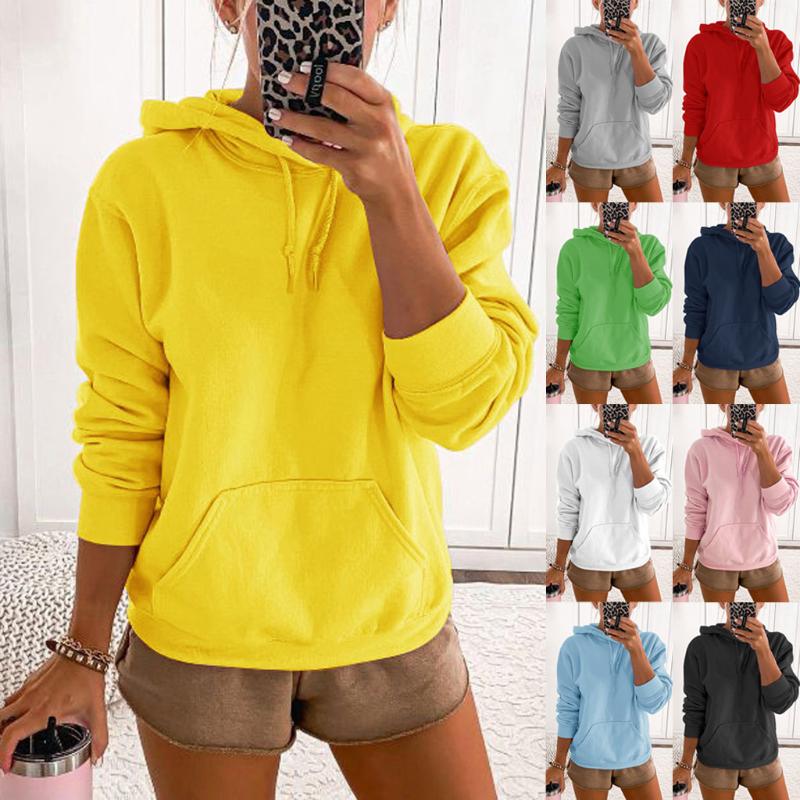 

Women Hoodies Casual Kpop Pocket Solid Loose Drawstring Sweatshirt Long Sleeve Hooded Autumn Female Pullover Sweatshirts #109, Black