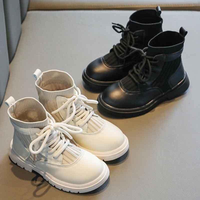 

Girls Boots Leather+Knitted Fabric Slip-on Ankle Boots Soft Rubber Vintage Boys Bottes Autumn Spring Fashion School Shoes, Black