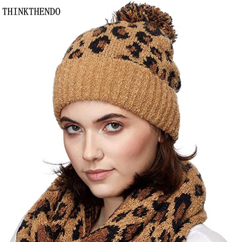 

Women Winter Warm Knitted Cuffed Beanie Hat Vintage Leopard Jacquard Cute Big Pompom Casual Outdoor Snow Ski Stretch Skull Cap, Bk