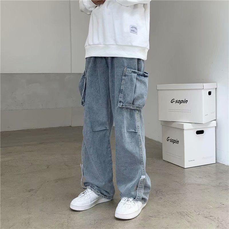 

Korean Straight Jeans Men' Fashion Casual Retro Multi-pocket Denim Trousers Men Streetwear Loose Hip-hop Wide-leg Jeans Mens, Light blue