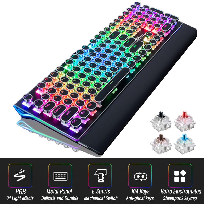 

Wired Retro Punk Mechanical Keyboard English Layout 108-Keys Backlit Anti-Ghosting Gaming Keyboard Blue/Black/Tawny/Red Switch