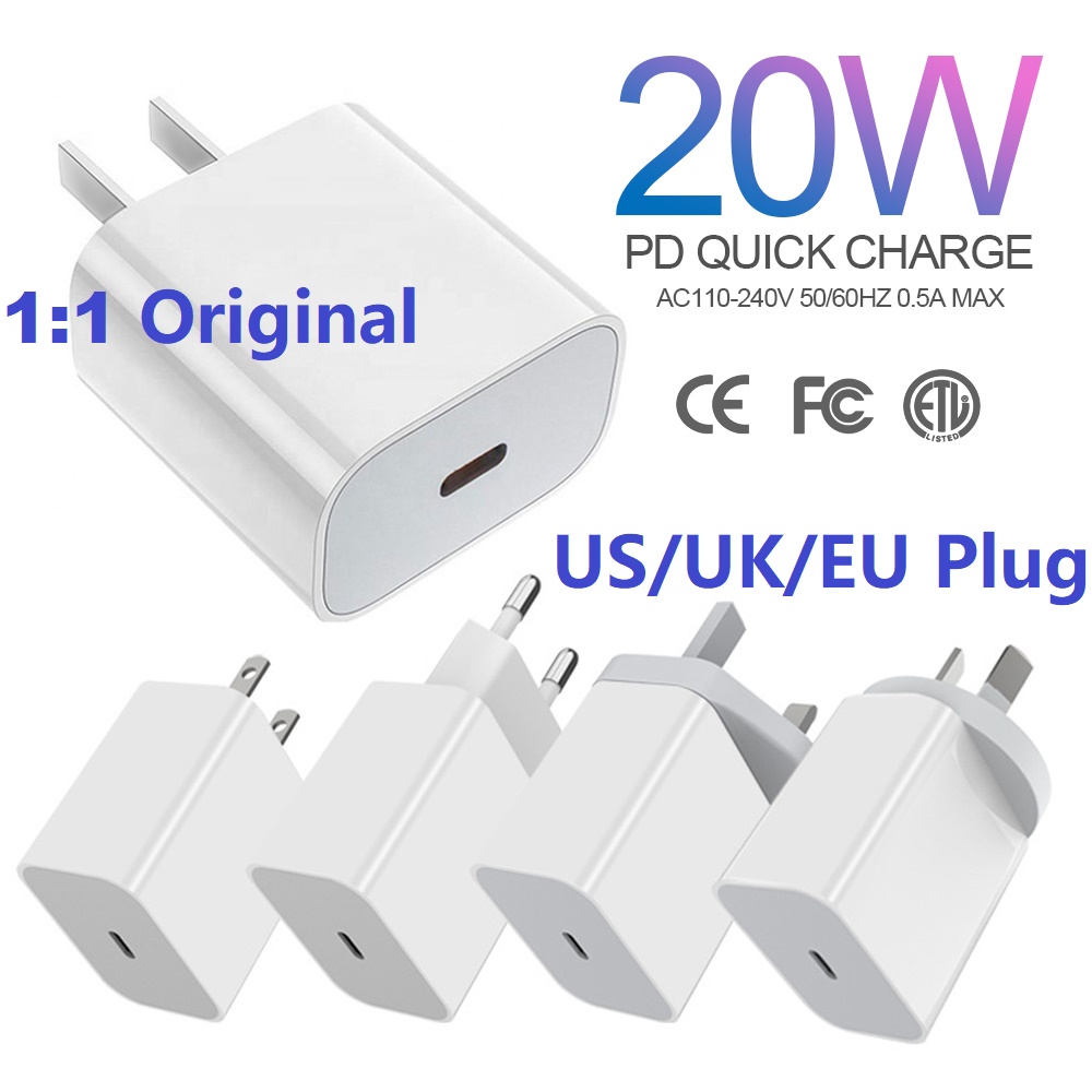 

Type-C 20W EU US UK Plug PD Charger 1:1 for iPhone12 Quick Charging Certificated Power Adapter with USB-C Port