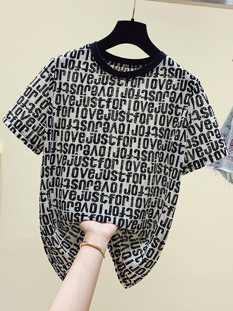

Tee Shirt Femme Letter Print Short Sleeve Tees Women Summer Womens Tops Cotton T Shirt Korean Fashion Clothes 2022 Poleras Mujer, Black