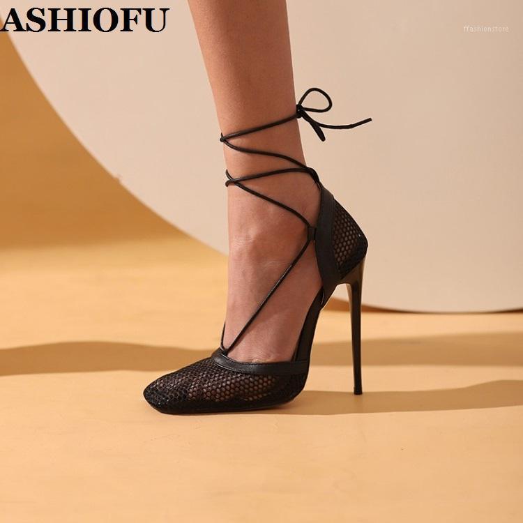 

ASHIOFU Handmade Ladies 12.5cm Super Heeled Sandals Air-mesh Ankle Wrap Party Shoes Real-photos Evening Dance Fashion Sandals1, Black