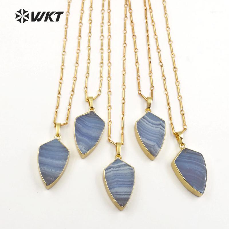 

WT-N1140 WKT Wholesale Blue stone necklace shield shape flat pendant with 18inch long chains new style1