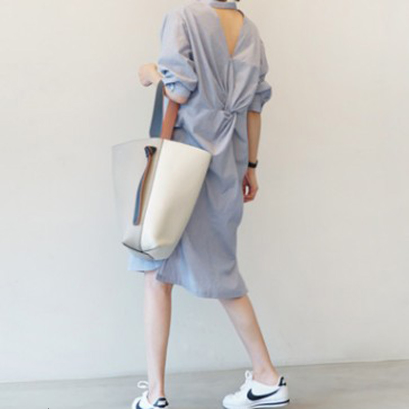 

2021 New Plus Size Summer Fashion Runway Classic Blue Striped Backless Cross Lace-up Shirt Women Robe Femme Party 2w2w