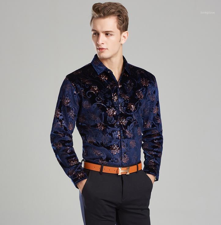 

Men's Casual Shirts Winter Thick Shirt Mens Velvet Dress Formal Pattern Black Blue Silk Business Size -3XL1, Style1