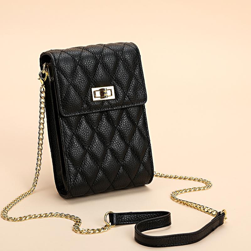 

Wmnuo Anti-radiation Cell Phone Bag Litchi Diamond Lattice Messenger Shoulder Bag Chain Real Cow Leather Wallet Bolsas for Women, Black