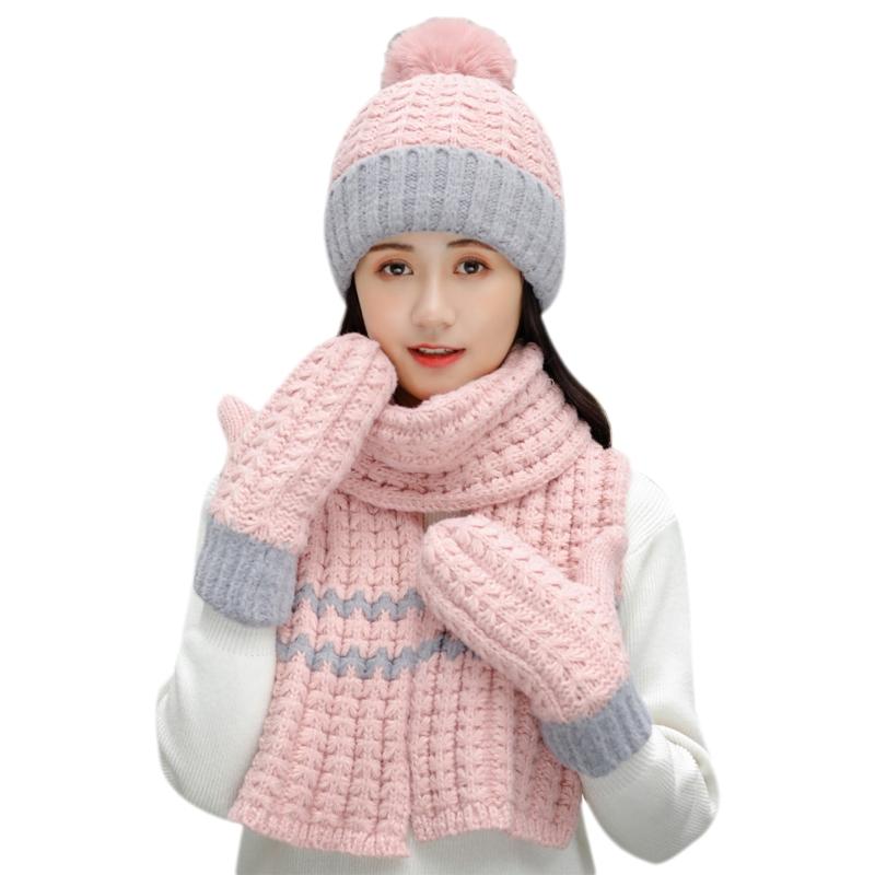 

Women Winter 3Pcs Plush Lined Contrast Color Beanie Hat Long Scarf Gloves Set L9BE